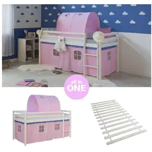 Homestyle4u Hochbett 90 x 200 cm Kiefer lackiert weiß rosa