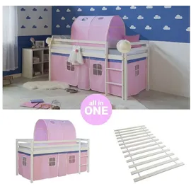 Homestyle4u Hochbett 90 x 200 cm Kiefer lackiert weiß rosa