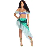 LEG AVENUE 3 PC Spellbound Mermaid, includes pearl halter iridescent bra top with chiffon ruffle sleeve, asymmetrical skirt with pearl waist tie and iridescent net wrap, and sea star hair clip