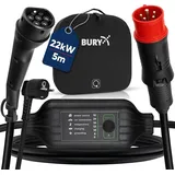 Bury BURY® PowerFlash EV Ladekabel, 22kw mit Typ 2 Adapter, Schuko, Länge ca. 5m, inkl. Tasche, mit optionaler Halterung als Wallbox verwendbar, wasserdicht, staubdicht, überfahrbar
