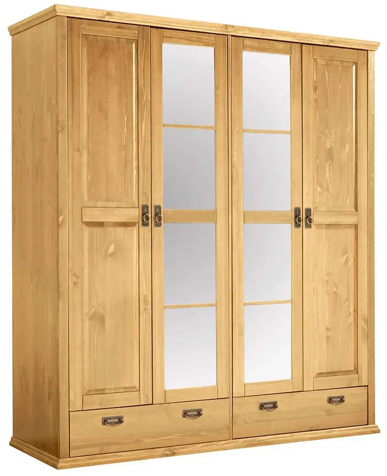 Massivholzkleiderschrank mit Spiegel zwei Schubladen