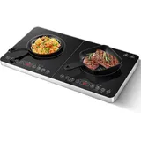 Induktionskochfeld 2 platten,Aobosi Induktionskochplatte mit Unabhängiger Steuerung, 10 Temperaturstufen und 6 Leistungsstufen, Edelstahl,3500W, 4-Stunden-Timer, Max & Min-Taste, Sicherheitssperre