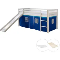 Homestyle4u Hochbett 90x200 mit Vorhang Lattenrost Matratze Rutsche in Weiß, Blau, Holz, Kinder- & Jugendzimmer, Kindermöbel, Kinderbetten, Hochbetten