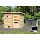 Karibu Saunahaus Außensauna Gartensauna Mikka mit Eckeinstieg unbehandelt Ofen 9 kWexterne Strg easy 38mm Massivholz 231x196x226 cm mit Moderne Tür