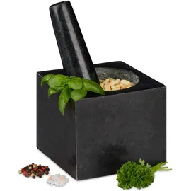 Relaxdays Granit Mörser mit Stößel eckig 9,5 x 11 x 11 cm 250 ml grau