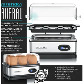 Arendo Frühstücksset 3-teilig, 2-Scheiben Toaster, 6er Eierkocher, Wasserkocher 1,5L, Silber