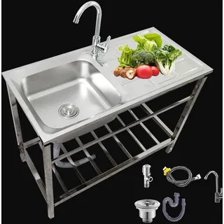 Spültisch Edelstahl 75 83cm Camping Spülbecken Wetterfest Outdoor Spüle Gartenschlauch Küche mit Wasserhahn Ablassvorrichtung Waschtrog Werkbank für Werkstatt Grillplatz Terrassen(75x40x75cm)