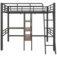 XDeer Hochbett Hausbett mit Schreibtisch Mehrere Regale Geländer Leiter Eisenrahmen Hochbett Kinderbett Einzelbett 90*200cm Schwarz