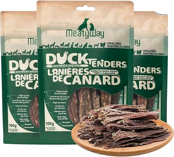 MeatyWay Enten-Jerky-Tenders Hundesnacks, Entenbrust-Tenders, proteinreich, fettarm, 100 % natürlich, glutenfrei, leicht verdauliche Hundesnacks für das Training, 300 g/10,58 oz (3er-Pack)