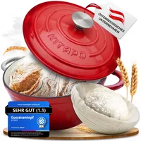 KITAPO Gusseisen Topf [inkl. Gärkorb + Teigtuch] - Hochwertiger Emaille Topf 24cm - Idealer gusseiserner Brottopf zum Backen, Gusseisentopf Brotbacken, Brot Backen Zubehör, Bräter (Rot)