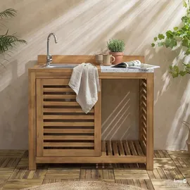 home24 Gartenspültisch / Akazie Massiv | Beige - Braun/Weiß/Grau