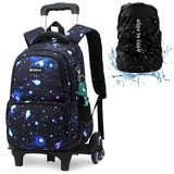 Voici et Voila 4pcs Trolley Tasche Kinder Mädchen Rucksack mit Rollen Teenager Schulrucksack Kinder Schultasche Rollen Mädchen Rolling Backpack Teens Schwarz Galexy 30x20x42CM