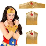 NET TOYS Wonder-Woman Kostüm-Set mit Stulpen & Haarband - Gold - Cooles Damen-Kostüm-Zubehör Superheldin - Ideal für Mottoparty & Karneval