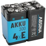 ABSINA 4X 9V Akku Block wiederaufladbar 300 mit geringer Selbstentladung - 9V Blockbatterie Akku NiMH mit min. 270mAh & 8,4V - E Block 9V Batterie, Akku 9V Block wiederaufladbar, 9V Batterie Akku