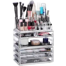 Relaxdays Kosmetikorganizer mit 6 Schubladen, 22 Fächer Make up Organizer, großer Kosmetiktower aus Acryl, transparent Standard