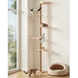 PawGiant 5 Etagen Kratzbaum Wandmontage, 213cm Kratzbaum Deckenhoch mit Sisal Kratzstamm & Plattformen, Holz Kletterwand für Kleine bis Mittelgroße Katzen
