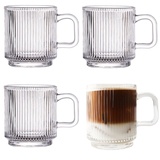 Latte Macchiato Gläser Mit Henkel Und Holzdeckel, 4er Set 340ML Kaffeeglas Teegläser Vertikale Streifen Design Gläser, Borosilikatglas Kaffeetassen Glas Für Cappuccino, Tee, Milch, Bier, Getränke