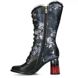 LAURA VITA Stiefel Leder Rüschen Blumenmuster Blockabsatz Gucstoo 45, Größe:39 EU, Farbe:Schwarz - Schwarz 39