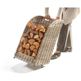 Kobolo Kaminholzwagen Rattan mit Leinenstoff grau