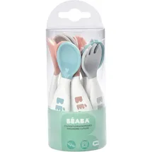 BÉABA BEABA - Ergonomisches Erstlingsbesteck - 6 Löffel & 4 Gabeln - Kurzer, abgerundeter Griff - Babyfreundlich, Für Rechts- und Linkshänder geeignet - Grau/Blau/Rosa