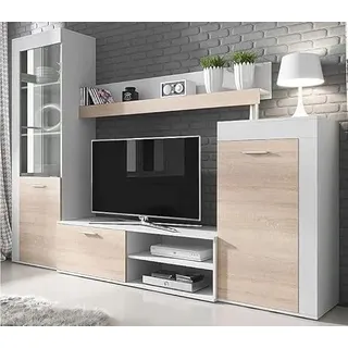 MEBLE KRYSPOL Wohnwand Rita TV-Lowboard, Hochvitrine, Kommode, Wandregal, Wohnzimmer-Set, Modern Design (Weiß + Sonoma Eiche)