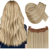 RUNATURE Haarverlängerung Extensions Echthaar Mit Unsichtbarer Draht Blond Highlights 50cm Extensions Echthaar Mit Draht Aschblond Mit Blond Extensions Echthaar Mit Band 100g #18P613