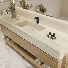 360Home Wandhängendes Waschbecken-Set - Sinterstein - Travertine look, mit Spiegel, Unterschrank, Ablage & Ablauf, mit Armaturenloch 120×55 cm【YT9865-1...