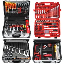 Werkzeugset FAMEX "419-43 Werkzeugkoffer PROFESSIONAL", silber (silberfarben), B:35,5cm H:18cm L:45,5cm, Aluminium, Werkzeugsets, Mechaniker, mit Steckschlüsselsatz, abschließbar, Kapazität 30kg