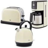 KHG Frühstücksset 3-teilig Kessel-Wasserkocher, Toaster & Thermo-Kaffeemaschine, Creme Beige Retro American Diner, Kapazität 1,7 Liter, 2 Toastscheiben, 12 Tassen Kaffee, 6 Röststufen, LCD-Anzeige