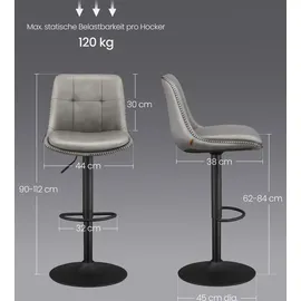 VASAGLE Barhocker 2er Set, mit Fußstütze, taubengrau