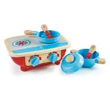 HaPe Küchenset Herd – Holz-Kinderherd mit Topf, Pfanne und Küchenzubehör, Rollenspiel-Kochset, realistisches Spielzeug Kochherd, für Kinder ab 18 Monaten