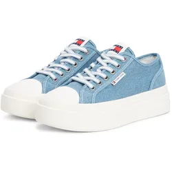 Plateausneaker TOMMY JEANS "TJW FOXING FLATFORM LC", Damen, Gr. 40, blau (jeansfarben), Baumwolle, sportlich, Schuhe, Freizeitschuh, Halbschuh, Schnürschuh im Jeans-Look