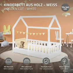 ML-Design Kinderbett mit Matratze Rausfallschutz Holzbett Kiefernholz Hausbett 70x140 cm