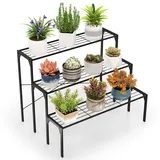 FANTASK 3-stufige Blumentreppe, Metall Blumenregal bis 30 kg, Pflanzentreppe Pflanzentöpfe, Blumenbank
