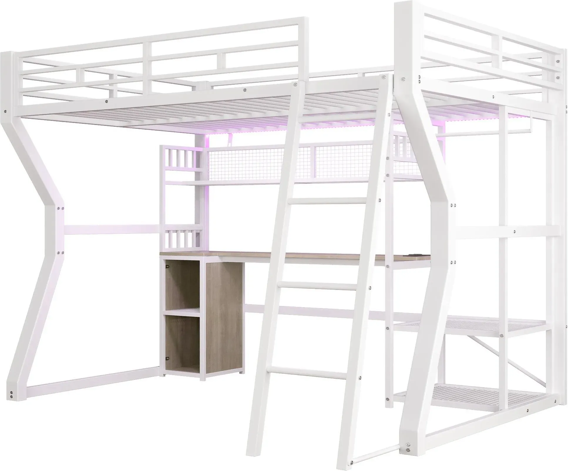 Hochbett 140x200 cm mit integriertem Schreibtisch, verstellbarer LED-Lichtleiste und integrierter Steckdose, 204x181,5x180 cm, Weiß