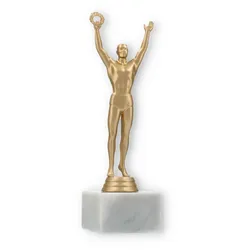 Pokal Kunststofffigur Sieger goldmetallic auf weißem Marmorsockel 22,6cm