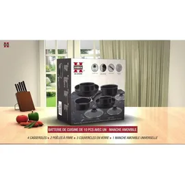 HERZBERG HG-5000: 10-Teiliges Kochgeschirrset mit Marmorbeschichtung schwarz - Schwarz