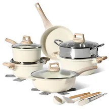 just perfecto household appliances Just Perfecto JL-779: 15-teiliges Kochgeschirr-Set aus Granit mit Dampfgarer ? Beige) - Weiß