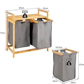 Costway Wäschekorb 2 Fächer, mit 2 ausziehbaren Wäschesäcken, Wäschesammler mit Ablage, Wäschesortierer Bambus für Bad, Wohnzimmer und Schlafzimmer (Weiß)