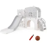 GOPLUS 9 in 1 Kinderrutsche, Kinder Rutsche aus HDPE mit Basketballkorb, Teleskop, Lenkrad, Durchgang, Tunnel, Babyrutsche Indoor für Kinder Spielplatz, Rutsche Outdoor ab 1 Jahr (Grau)