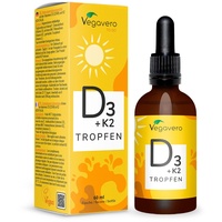 Vitamin D3 K2 Tropfen | 100% VEGAN | Hochwertiges K2VITAL® & Vitamin D3V® | 2.000 IE Vitamin D3 + 25 μg Vitamin K2 all-trans | Laborgeprüft & Ohne Konservierungsstoffe | Vegavero®