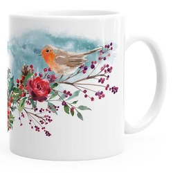 Autiga Tasse Kaffee-Tasse Vogel Rotkehlchen Blumen Misteln Watercolor Bird Weihnachten Christmas Autiga®, Keramik weiß