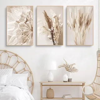 Sarah Duke Beige Wandbilder 3er Poster Set Moderne Wandbilder Boho Pampasgras Bild Wohnzimmer Poster Natur Vintage Leinwandbilder Wandposter Ohne Rahmen (Stil A,40x50 cm)