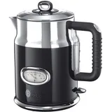 Russell Hobbs Wasserkocher [1,7l, 2400W] Retro Schwarz & polierter Edelstahl (Schnellkochfunktion, Wassertemperaturanzeige im Retrodesign, außenliegende Wasserstandsanzeige) Vintage Teekocher 21671-70