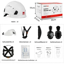 mustbau Sicherheitshelm-Set, EN397 Schutzhelm mit Ohr- und Gesichtsschutz, verstellbares Kopfband von 53 bis 63 cm, strapazierfähiges ABS-Material