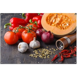 Wallario Sichtschutzzaunmatten Kürbissuppe – Zutaten mit Tomaten, Knoblauch, Zwiebeln und Pfeffer braun 120 cm x 180 cm