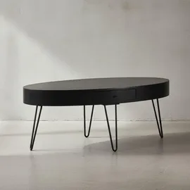 KADIMA DESIGN Couchtisch Schwarz, Holz, Echtholz,Mangoholz, 1 Schubladen, Oval,Oval, Haarnadel, 100x40x50 cm Mango Massivholz Metall Sofatisch, Design Wohnzimmertisch Oval mit Schublade, Kaffeetisch Stauraum Massiv, Großer Tisch