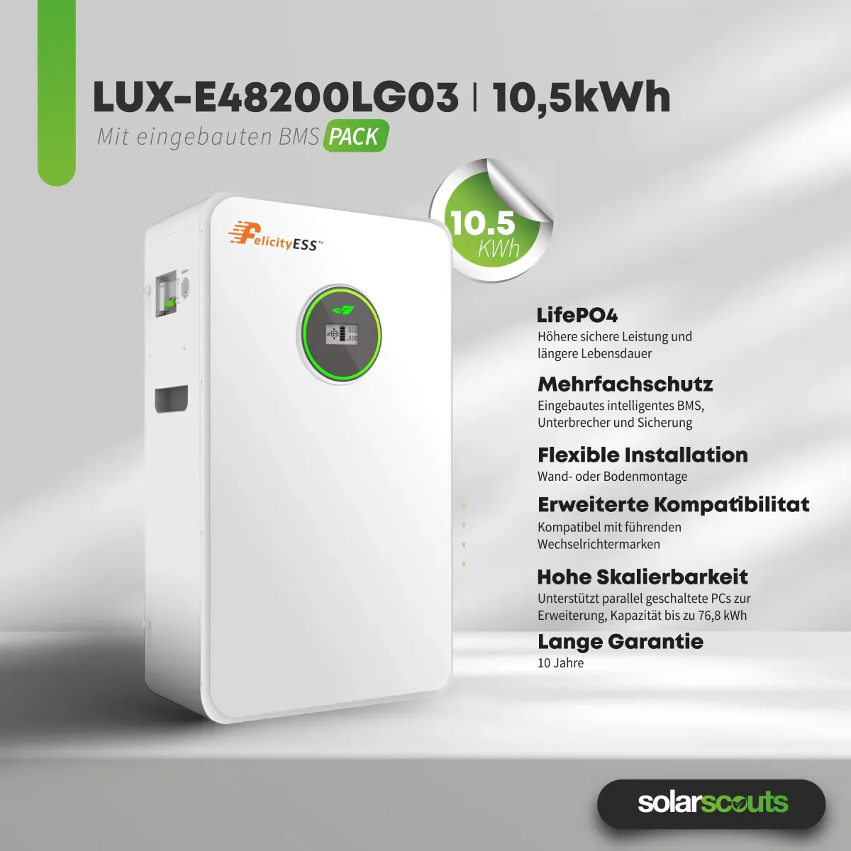 10,5kWh Wandspeicher | LUX-E-48200LG03 | Generation 2 | Mit Löschbombe