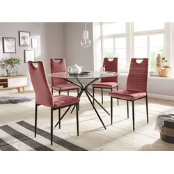 Essgruppe INOSIGN "Silvi-Mandy", rosa (rosa, rosa, schwarz), B:110cm H:74cm T:110cm, Glas, Metall, Stoff, Sitzmöbel-Sets, Glastisch 110x110 cm mit 4 Stühlen (Veloursstoff), Gestell aus Metall
