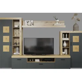 Home Affaire Wohnwand HOME AFFAIRE "Ghent", anthrazit mit eiche, B:331cm H:206cm T:52cm, Glas, Holzwerkstoff, Kunststoff, Kastenmöbel-Sets, Wohnwand, Mit Hirnholzapplikationen - Aufgebaut (B/T/H): 331/52/206 cm